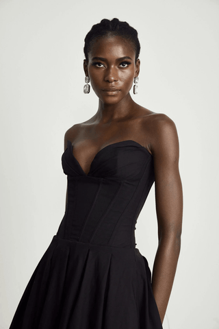 Eliana Off-Shoulder Corset Midi Dress – Black