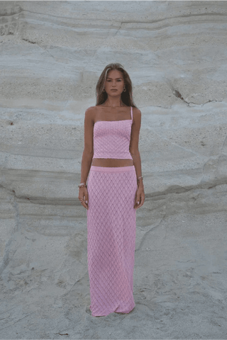 Darya One-Shoulder Knit Top and Maxi Skirt Set – Pink