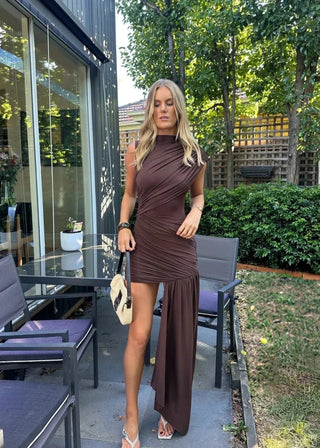 Lydia Asymmetrical Ruched Maxi Dress – Brown