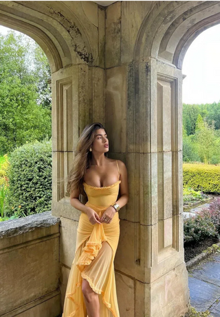 Charlotte Ruffle Trim High-Low Maxi Dress