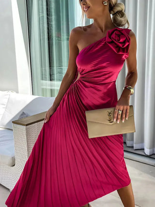 Luna One-Shoulder Pleated Midi Dress