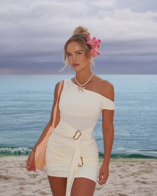 Marisolé One-Shoulder Ruched Mini Set – Cream