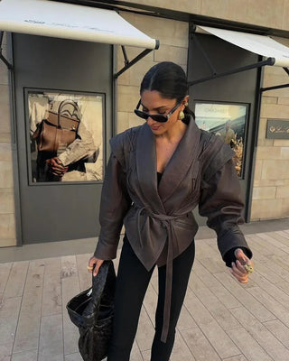 Verity Belted Lapel Leather Jacket – Brown