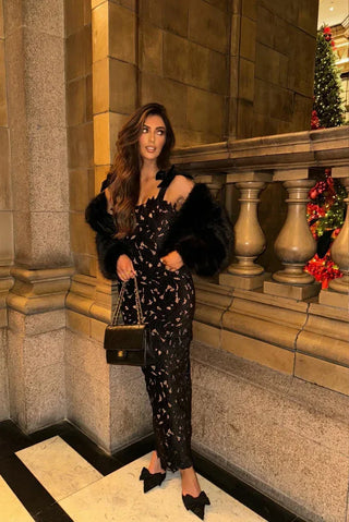 Thea Floral Lace Maxi Dress – Black