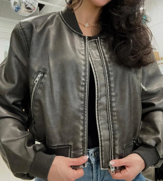 Zinnia Cropped Faux Leather Bomber Jacket