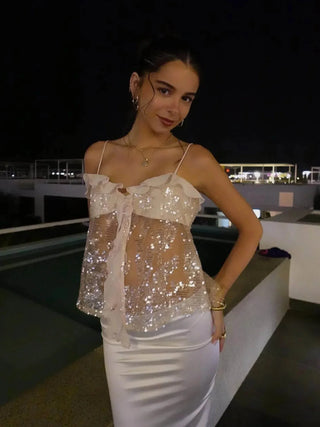 Natalia Sequin Sheer Tie-Front Top