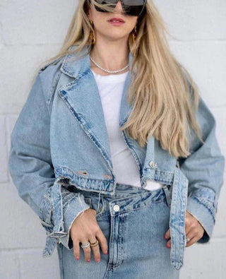 Taryn Cropped Denim Biker Jacket – Light Wash