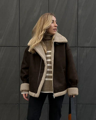 Nerina Faux Suede Shearling Aviator Jacket – Brown