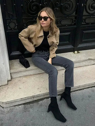 Selene Suede-Look Cropped Jacket – Camel