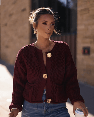 Sabina Textured Knit Cardigan – Burgundy