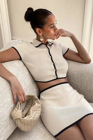 Cleo Contrast Trim Knit Mini Skirt Set – Cream