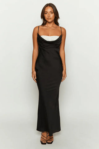 Valenne Lace Cowl Maxi Dress – Black