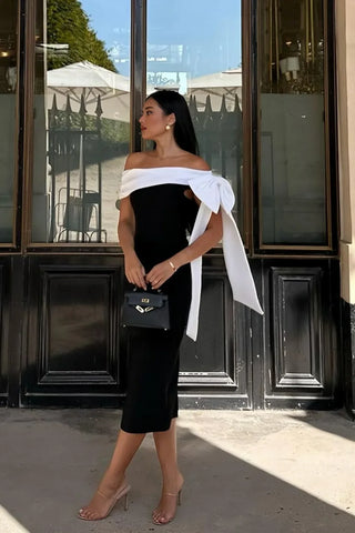Aria Off-Shoulder Midi Dress – Black/White