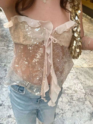 Natalia Sequin Sheer Tie-Front Top