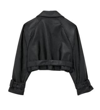 Mireille Cropped Faux Leather Biker Jacket – Black