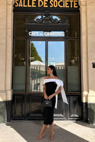 Aria Off-Shoulder Midi Dress – Black/White