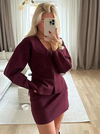 Ren Knit Cardigan and Mini Skirt Set – Wine