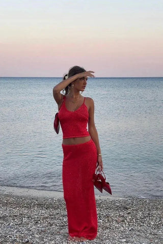 Veda Knit Top and Maxi Skirt Set – Red