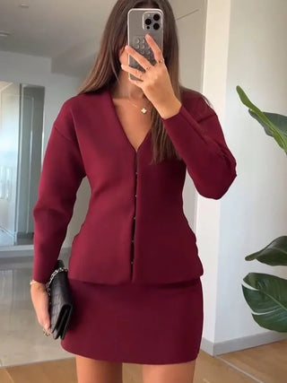 Ren Knit Cardigan and Mini Skirt Set – Wine