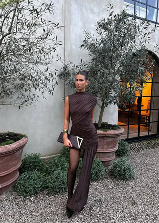 Lydia Asymmetrical Ruched Maxi Dress – Brown