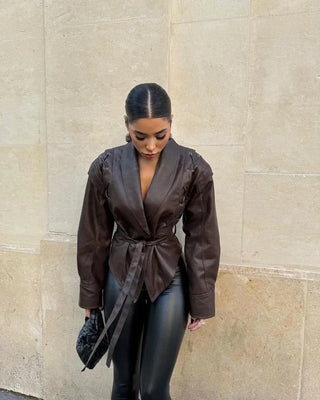 Verity Belted Lapel Leather Jacket – Brown