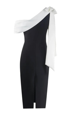 Aria Off-Shoulder Midi Dress – Black/White