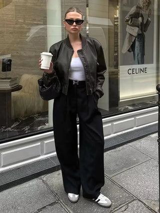 Zinnia Cropped Faux Leather Bomber Jacket