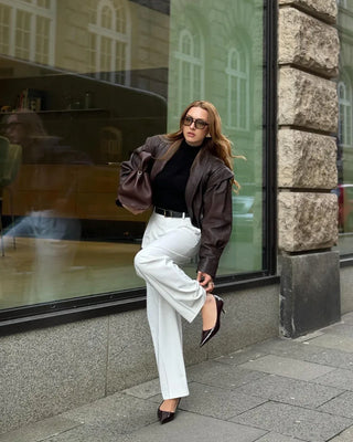 Verity Belted Lapel Leather Jacket – Brown