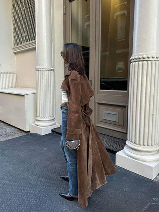 Indie Belted Suede Look Trench Coat – Brown
