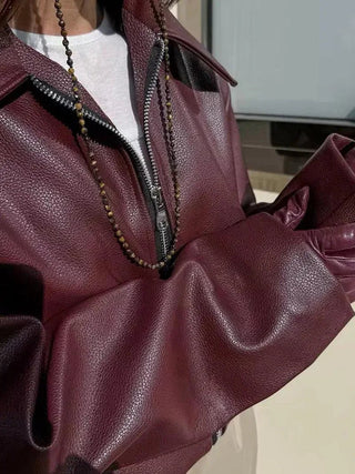 Elowyn Cropped Leather Jacket – Deep Wine