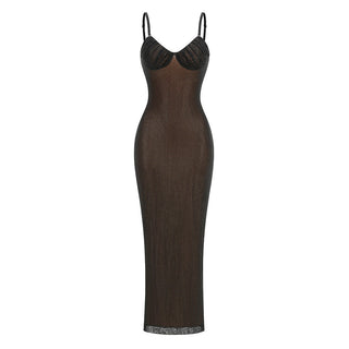Luminara Crystal-Mesh Column Maxi Dress – Black