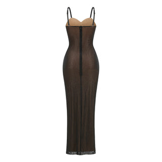 Luminara Crystal-Mesh Column Maxi Dress – Black