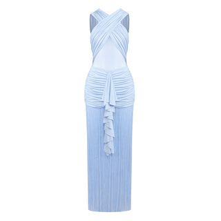 Tassiana Cross-Wrap Mesh Fringe Maxi Dress – Baby Blue