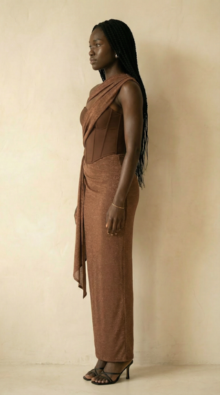 Adriana Glitter-Drape Corset Maxi Dress – Bronze