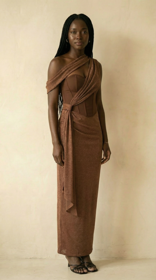 Adriana Glitter-Drape Corset Maxi Dress – Bronze