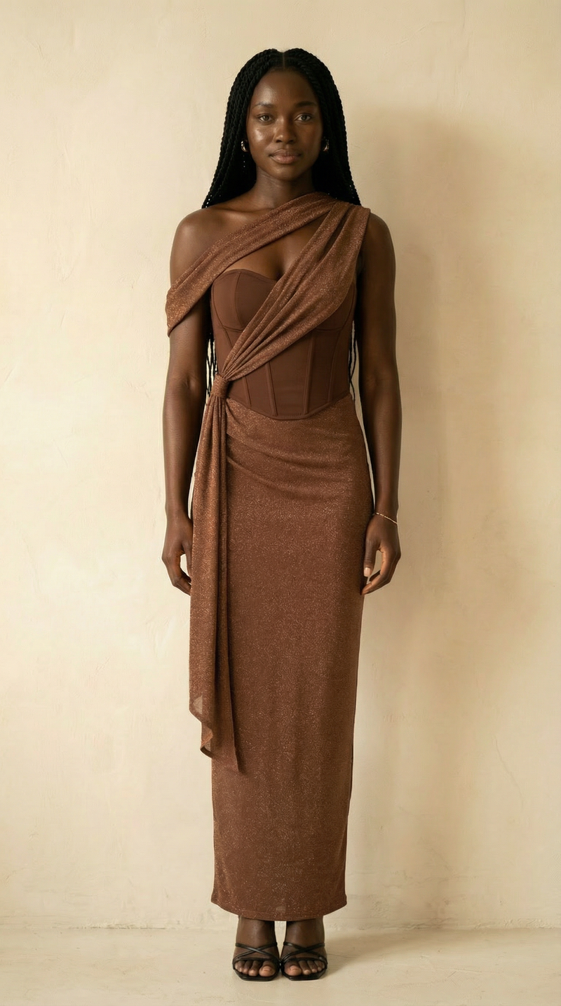 Adriana Glitter-Drape Corset Maxi Dress – Bronze