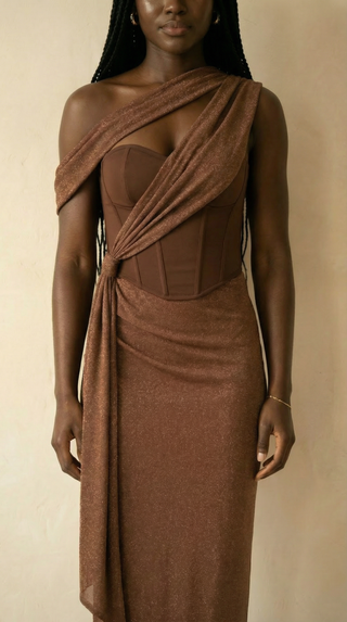 Adriana Glitter-Drape Corset Maxi Dress – Bronze