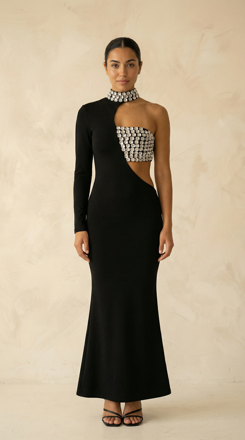 Alarice Crystal-Collar Cutout Mermaid Maxi Dress – Black