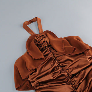 Amelie Rosette-Halter Ruched Mini Dress – Chocolate