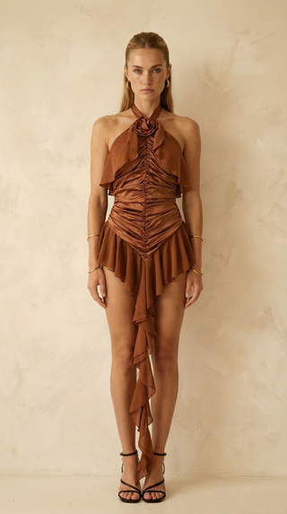 Amelie Rosette-Halter Ruched Mini Dress – Chocolate