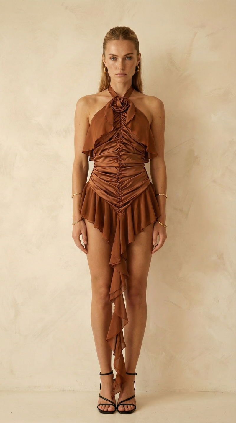 Amelie Rosette-Halter Ruched Mini Dress – Chocolate