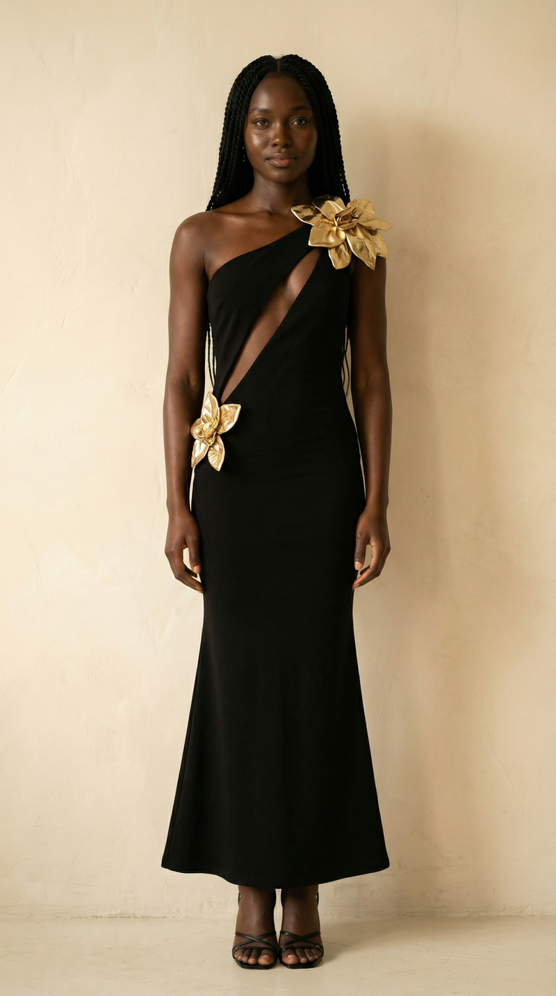 Aurelia Gold-Floral Cutout Mermaid Maxi Dress – Black