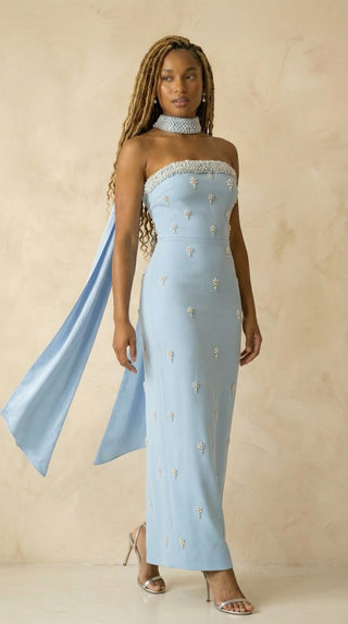Celestine Pearl-Sprig Strapless Cape Maxi Dress – Powder Blue