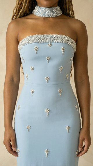 Celestine Pearl-Sprig Strapless Cape Maxi Dress – Powder Blue