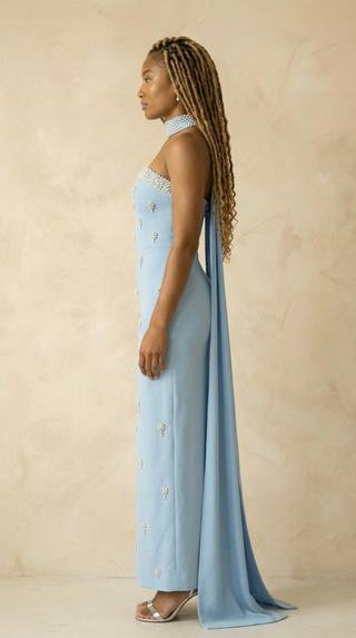 Celestine Pearl-Sprig Strapless Cape Maxi Dress – Powder Blue