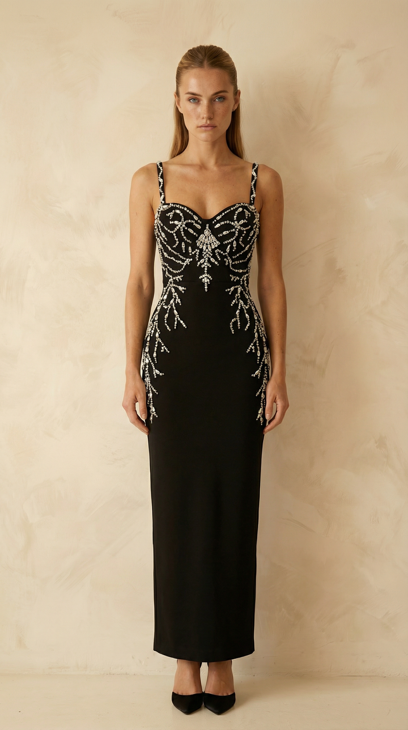 Celina Crystal-Branch Beaded Mermaid Maxi Dress