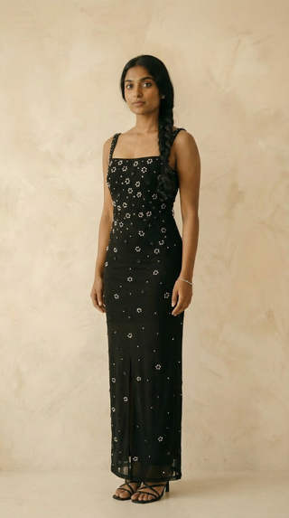 Corinna Crystal-Daisy Lace-Up Column Maxi Dress – Black