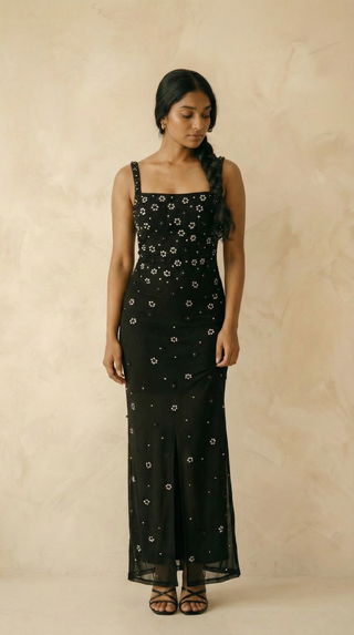 Corinna Crystal-Daisy Lace-Up Column Maxi Dress – Black