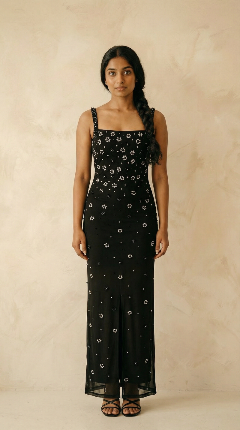 Corinna Crystal-Daisy Lace-Up Column Maxi Dress – Black