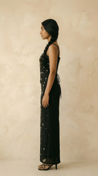Corinna Crystal-Daisy Lace-Up Column Maxi Dress – Black
